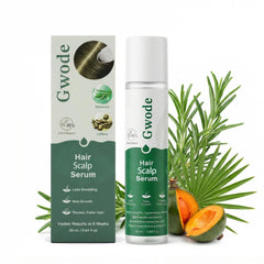 GWODE Rosemary Caffeine Scalp Serum Roll-On bottle shows a lightweight formula for daily scalp care