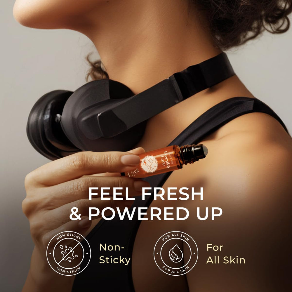 Gya Labs Active Energy Roll On bottle closeup shows amber purity for on-the-go revitalization