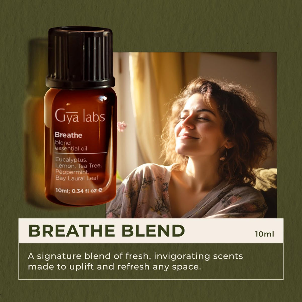 Close-up of Breathe blend ingredients: eucalyptus, peppermint, tea tree, lemon and bay laurel oils