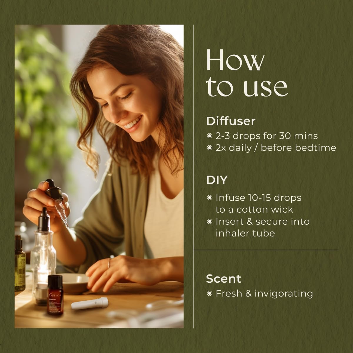 Calming aromatherapy scene with Breathe oil