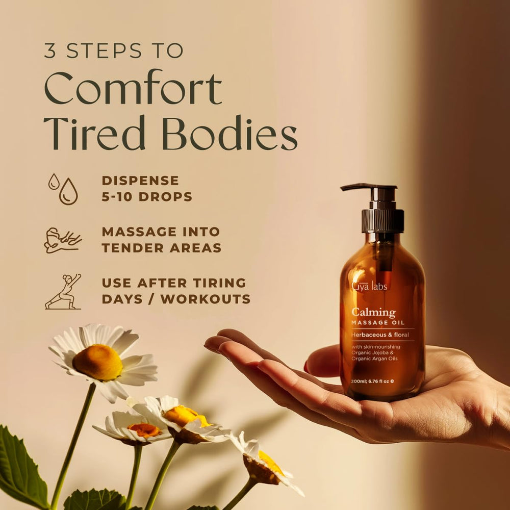 Ingredients of Calming Massage Oil: argan, jojoba, sweet almond, lavender