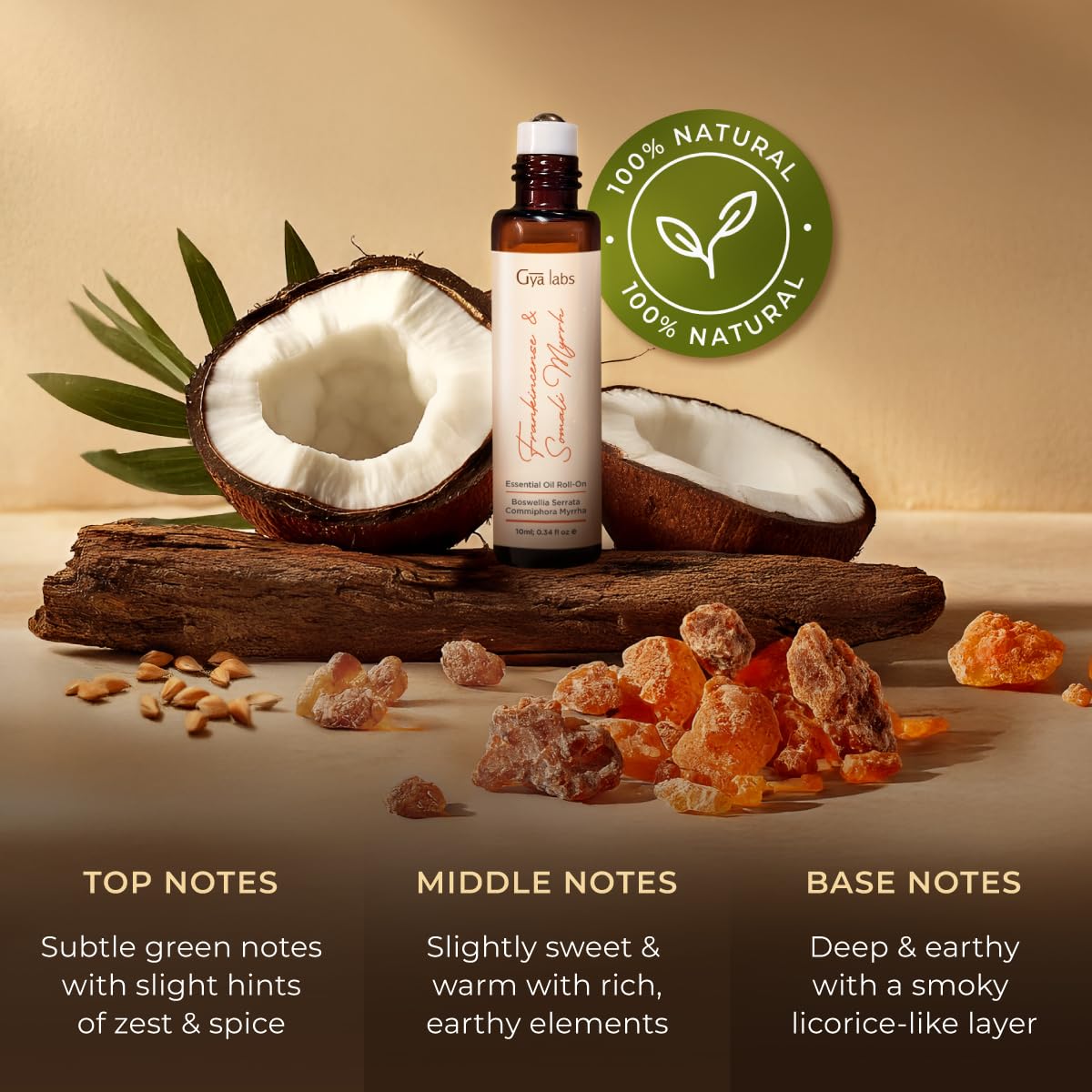 Label showing ingredients: frankincense, myrrh, grape seed oil, fractionated coconut oil