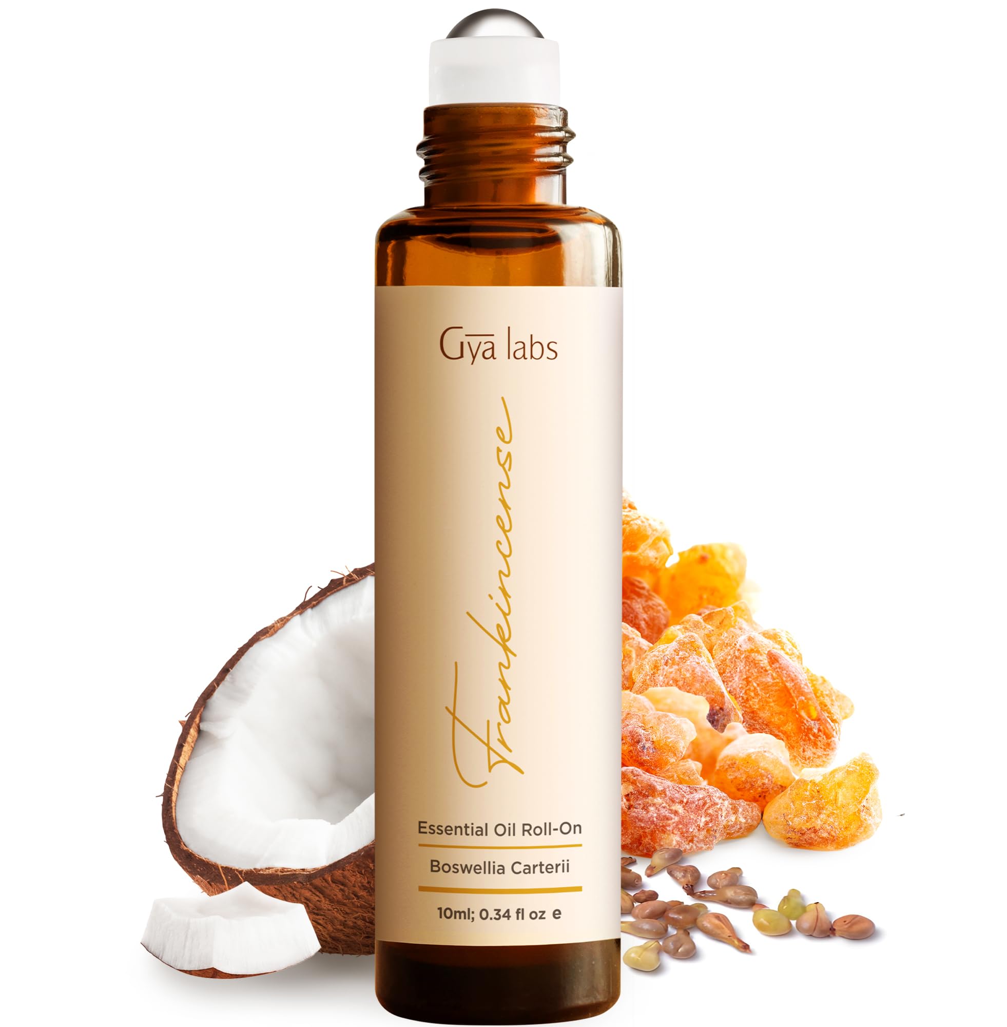 Close-up of Gya Labs Frankincense Roll-On amber bottle