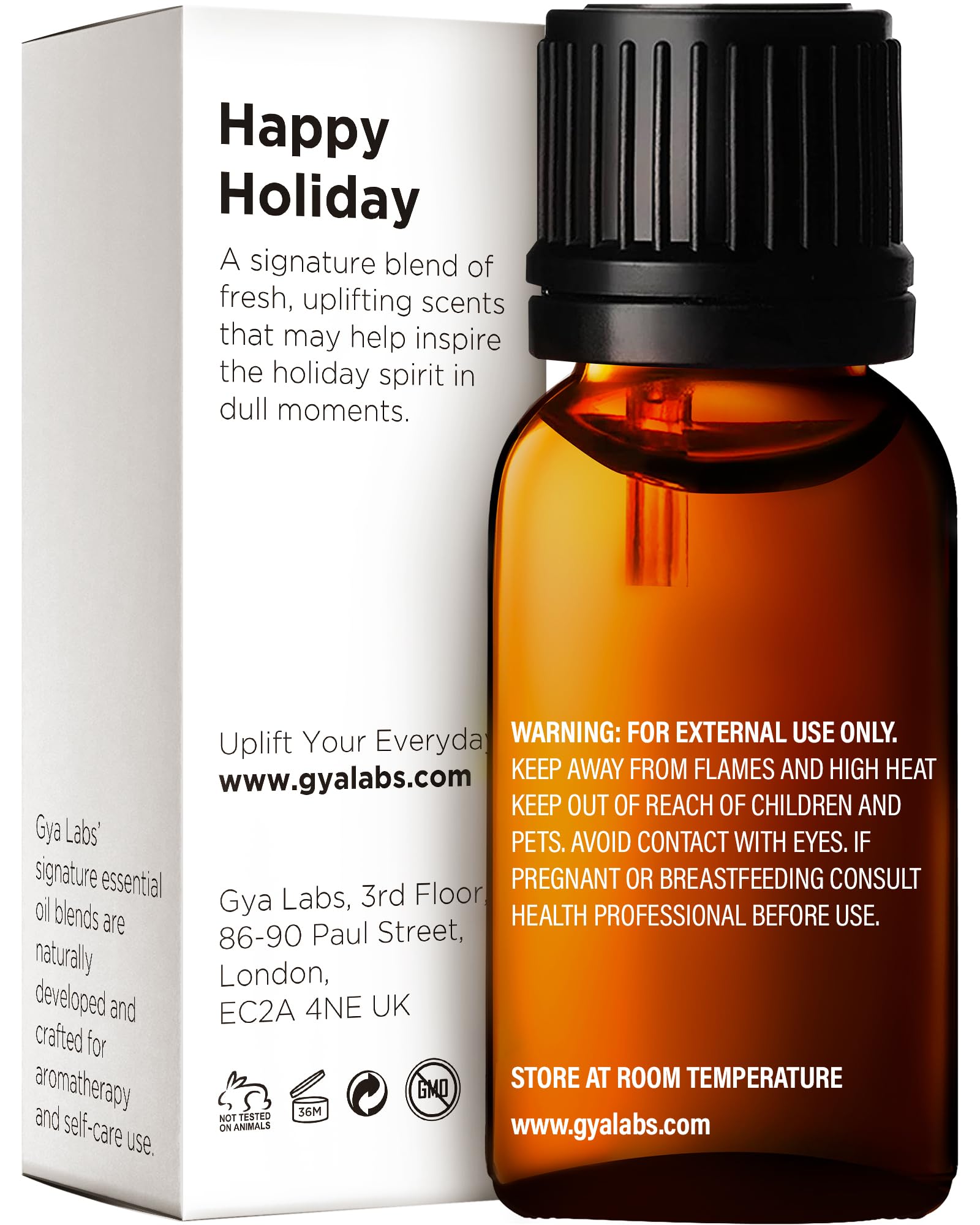 Close-up of the Holiday Essential Oil Blend label
