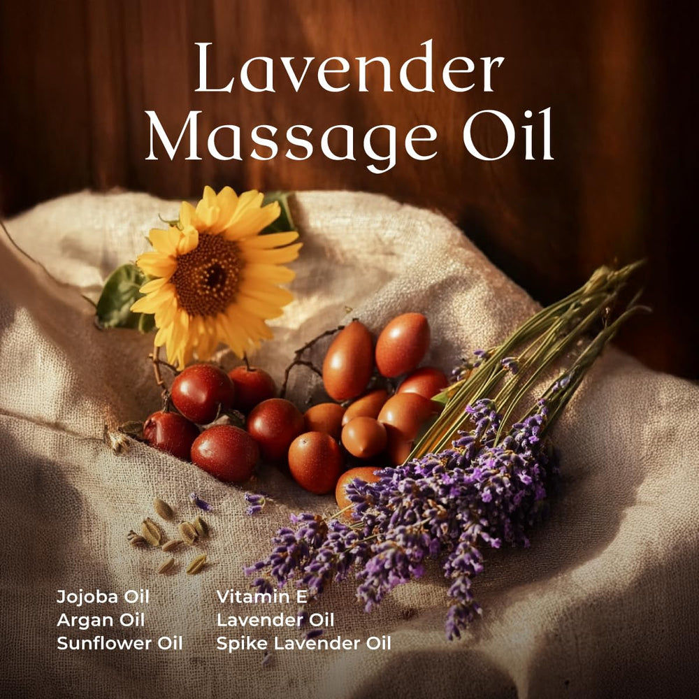 Close-up of lavender massage oil ingredients and roller ball