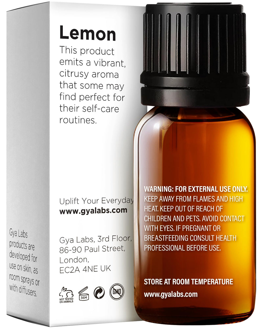 Close-up of lemon essential oil bottle label