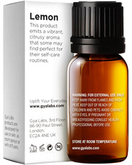 Close-up of lemon essential oil bottle label