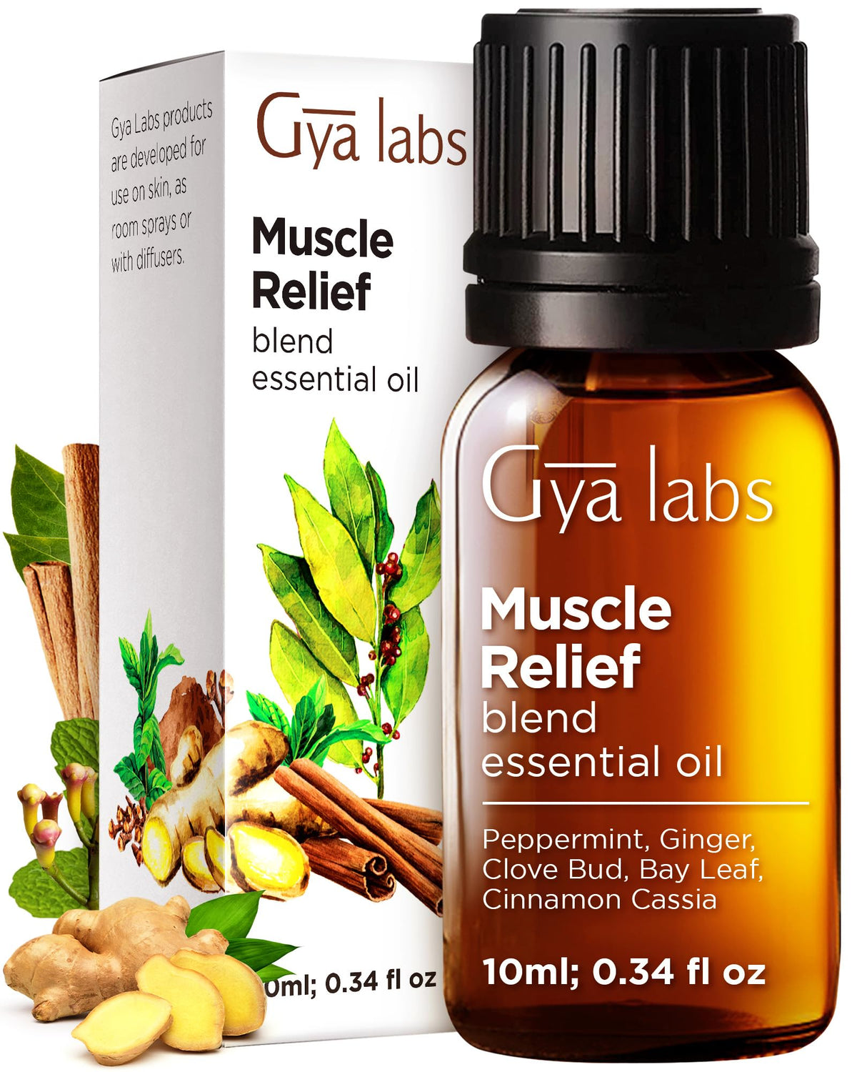 Gya Labs Muscle Relief essential oil blend bottle on a clean background