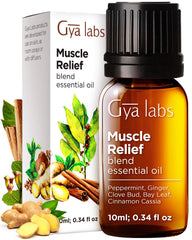 Gya Labs Muscle Relief essential oil blend bottle on a clean background