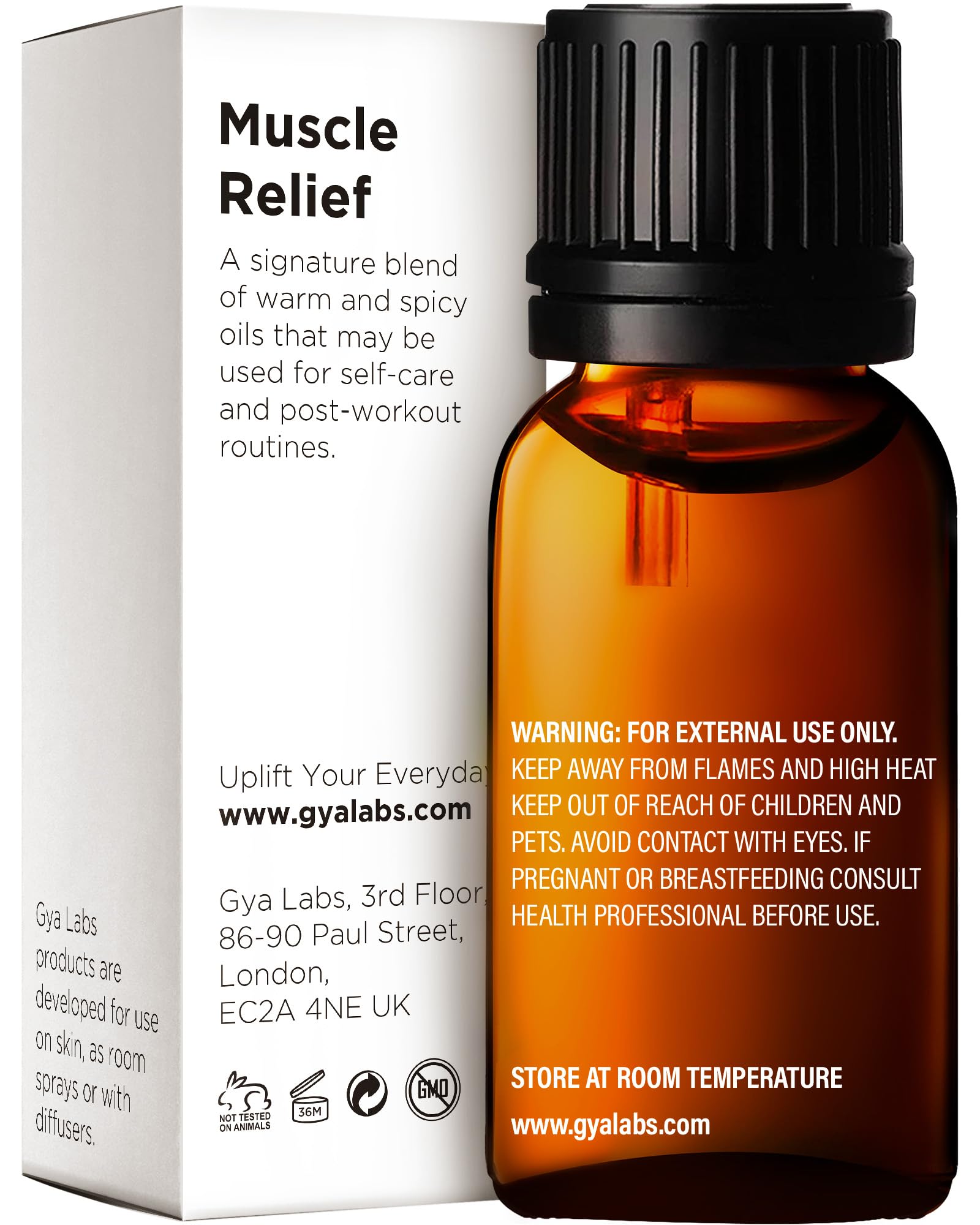 Amber glass bottle of Muscle Relief blend with dropper