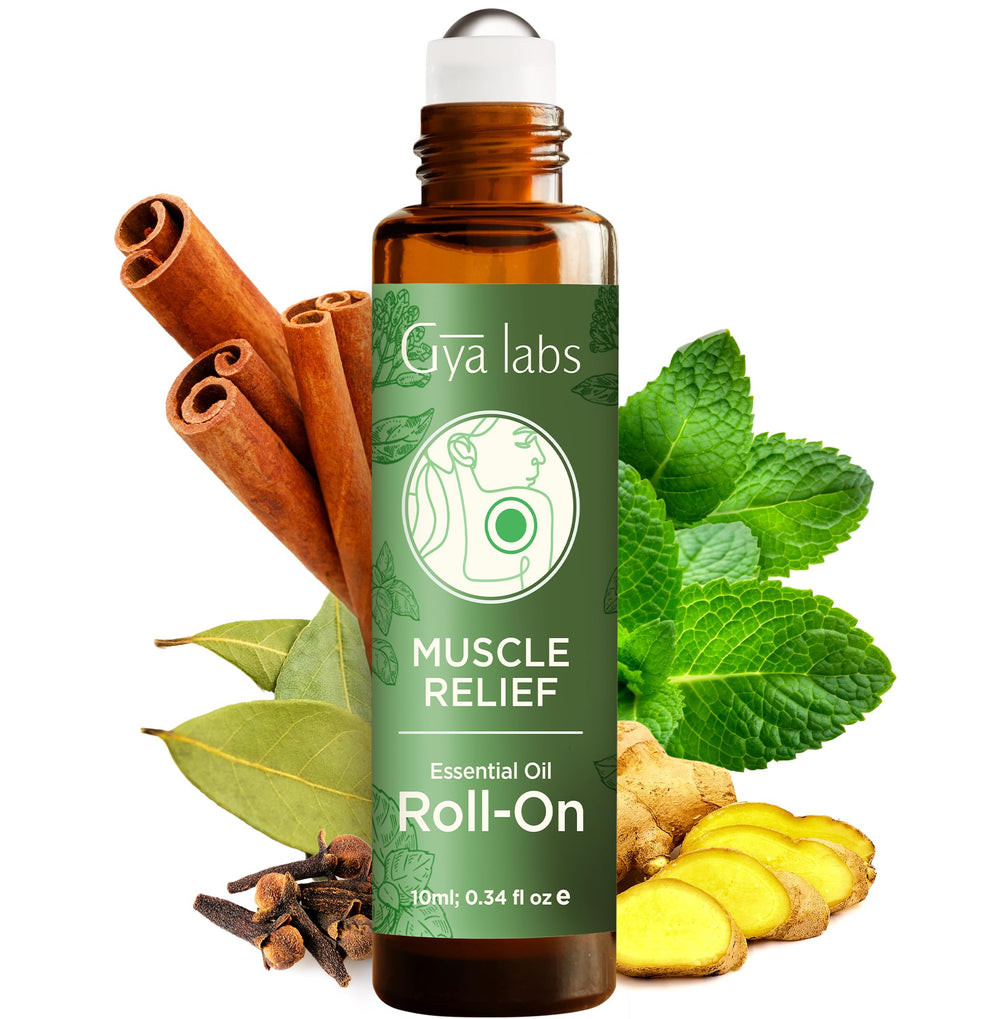 Gya Labs Muscle Relief Roll-On bottle showing amber glass and label
