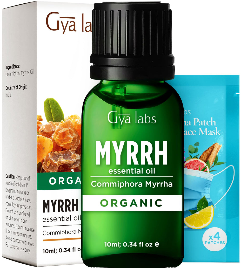 Gya Labs Organic Myrrh Essential Oil bottle with dropper