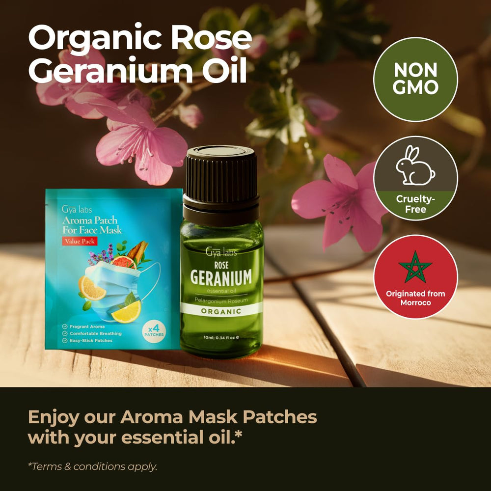 Close-up of Gya Labs Organic Rose Geranium Essential Oil bottle