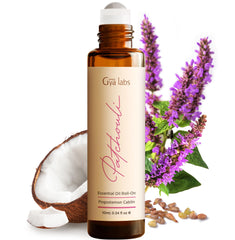 Gya Labs Patchouli essential oil roll-on bottle in amber glass