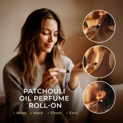 Hands applying patchouli roll-on to the wrist
