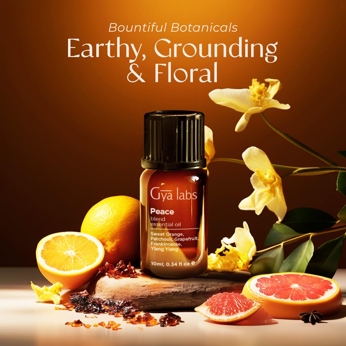 Ingredients of Peace essential oil blend: frankincense, grapefruit, patchouli, ylang-ylang, orange