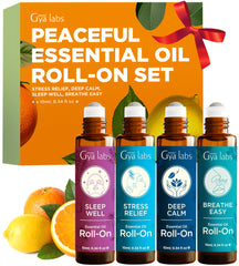 Gya Labs Peaceful Roll-On Set packaging with four 10ml bottles