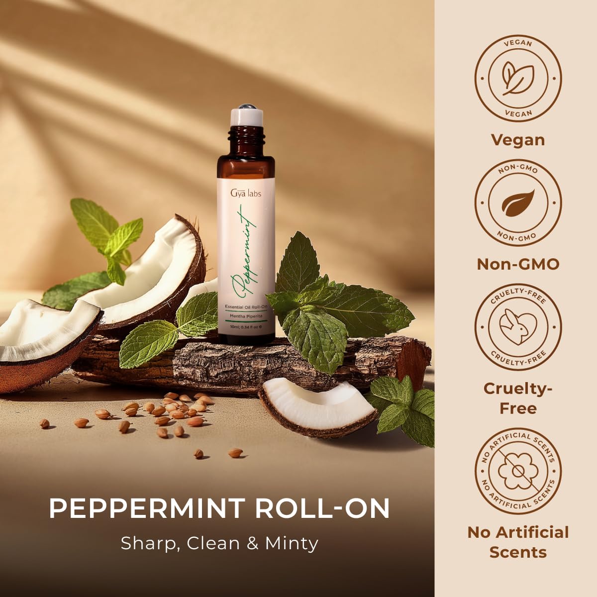Travel-size peppermint essential oil roller displayed for portability