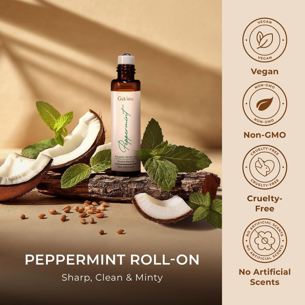 Travel-size peppermint essential oil roller displayed for portability