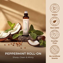 Travel-size peppermint essential oil roller displayed for portability