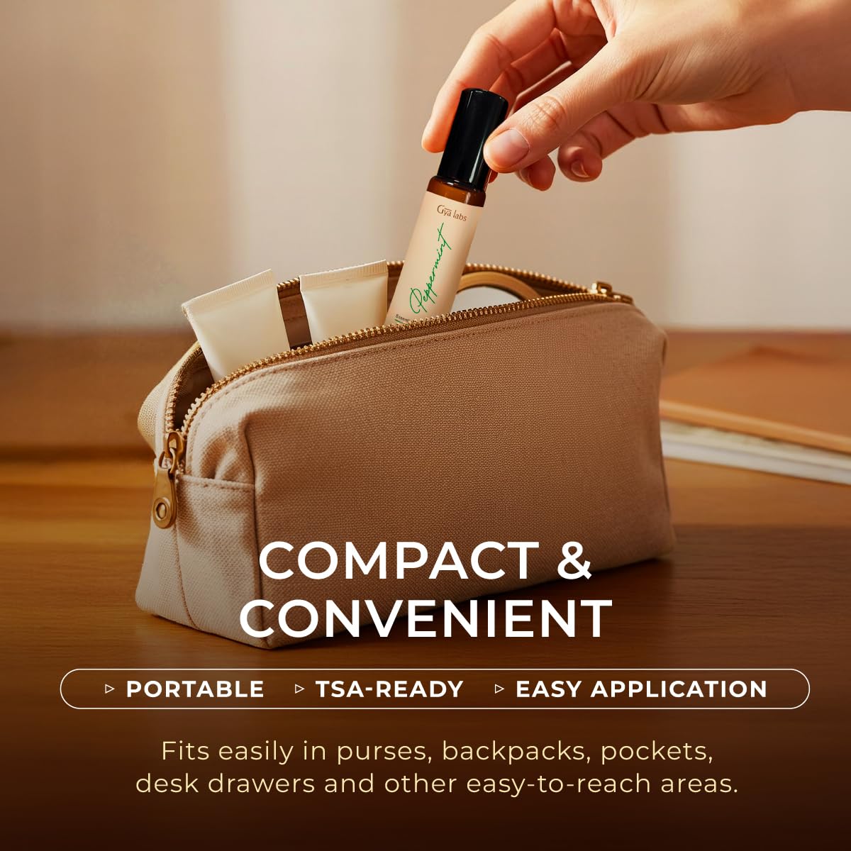 On-the-go use: roll-on bottle in pocket or bag