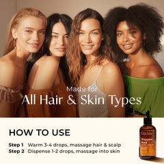 Pouring pumpkin seed oil onto hair and scalp