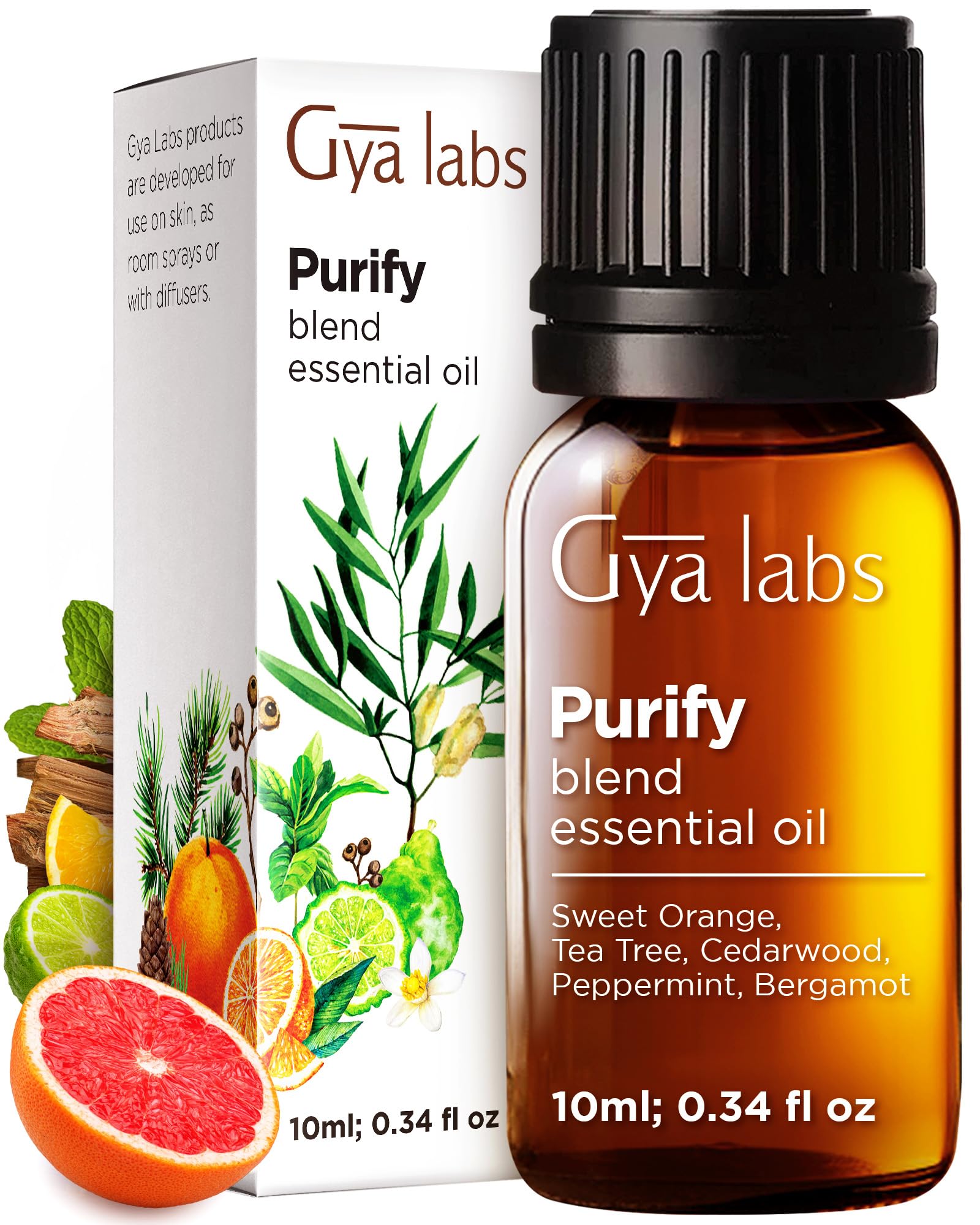 Gya Labs Purify essential oil blend bottle with diffuser in the background