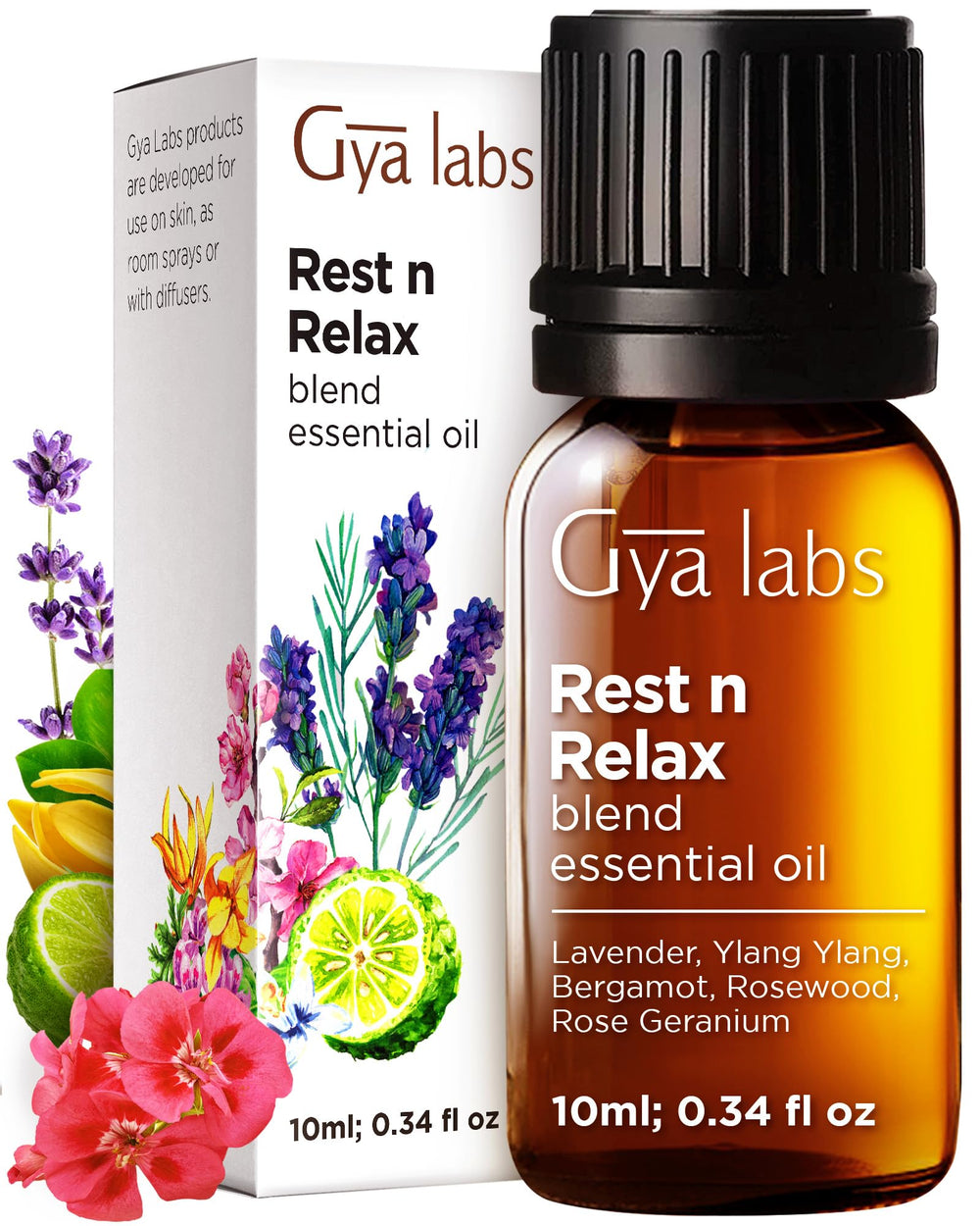 Gya Labs Rest N Relax essential oil blend bottle in amber glass 0.34 oz