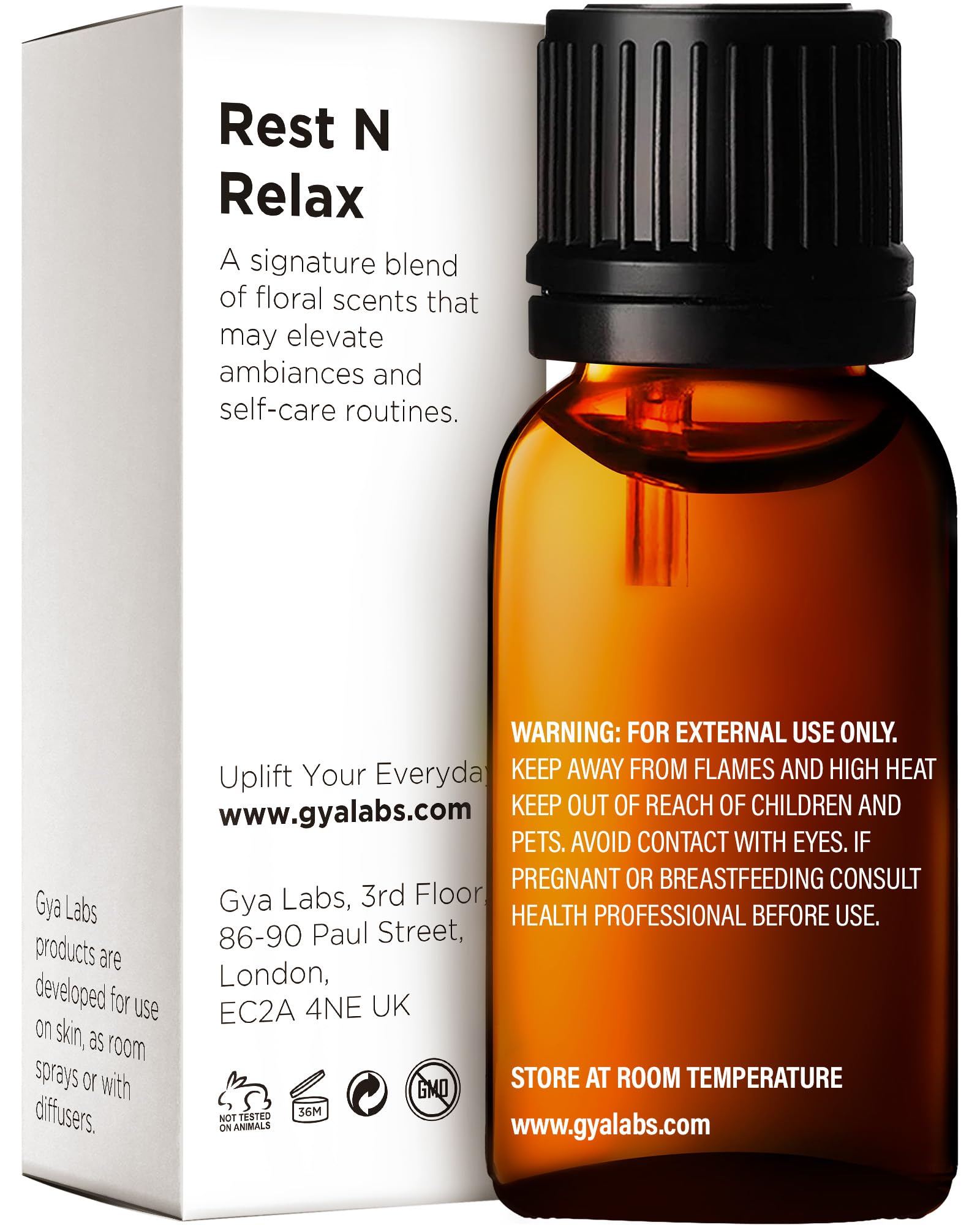 Close-up view of the Rest N Relax amber bottle with label