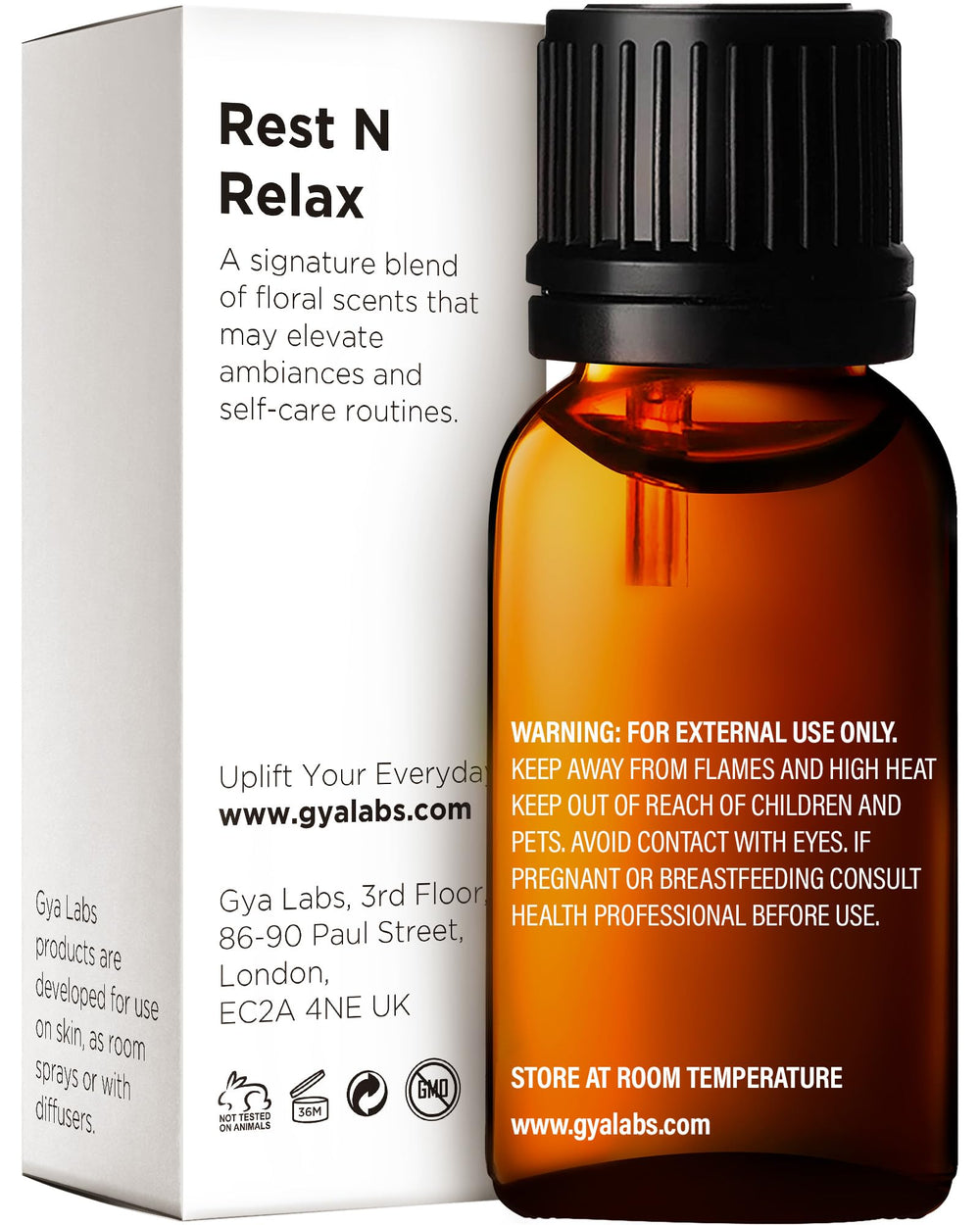Close-up view of the Rest N Relax amber bottle with label