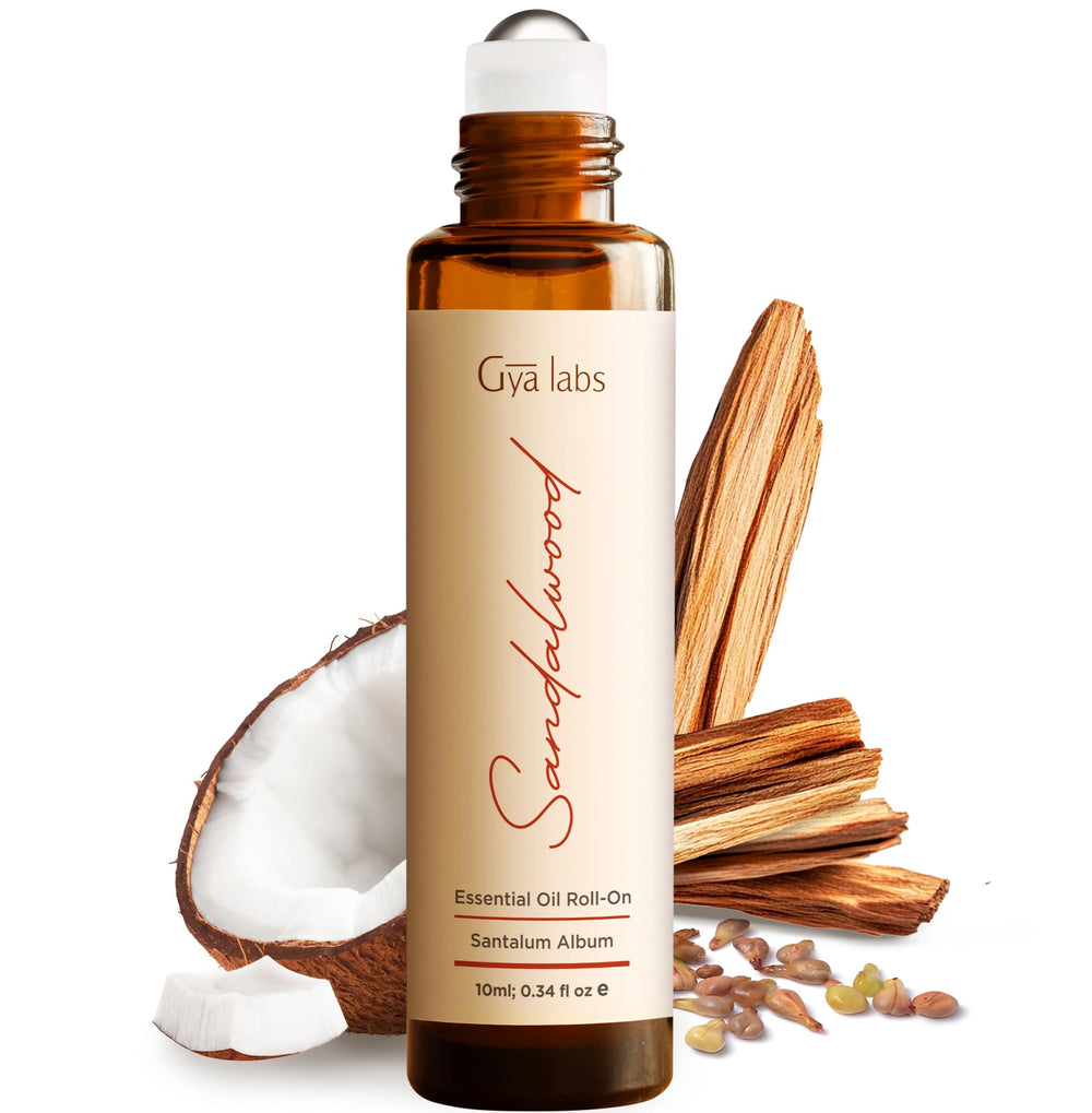 Gya Labs Sandalwood Essential Oil Roll-On in an amber glass bottle (0.34 oz)
