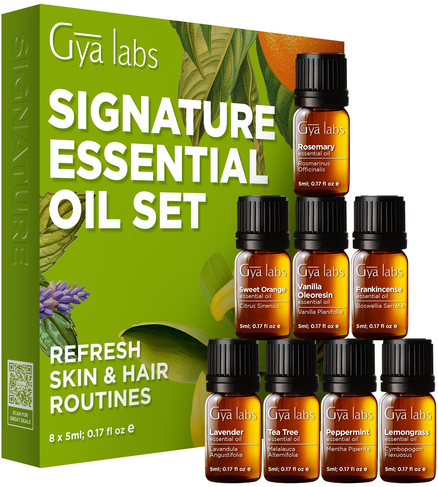 Gya Labs Signature Essential Oil Set box with eight bottles