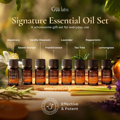 Peppermint, lavender, and orange essential oils in glass bottles