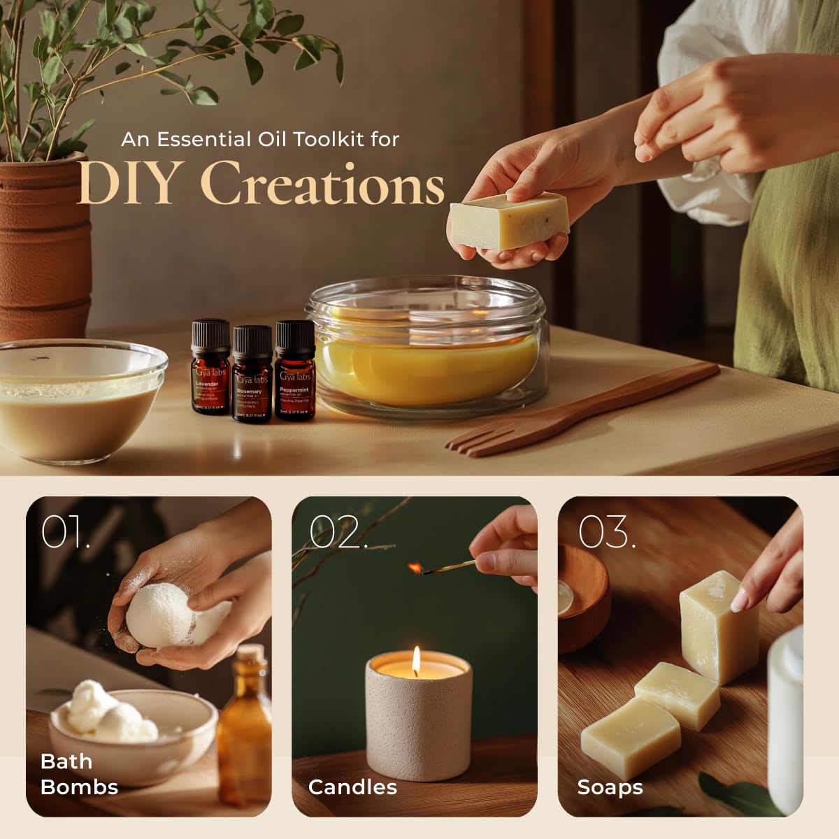 Lemongrass and frankincense essential oils in glass bottles