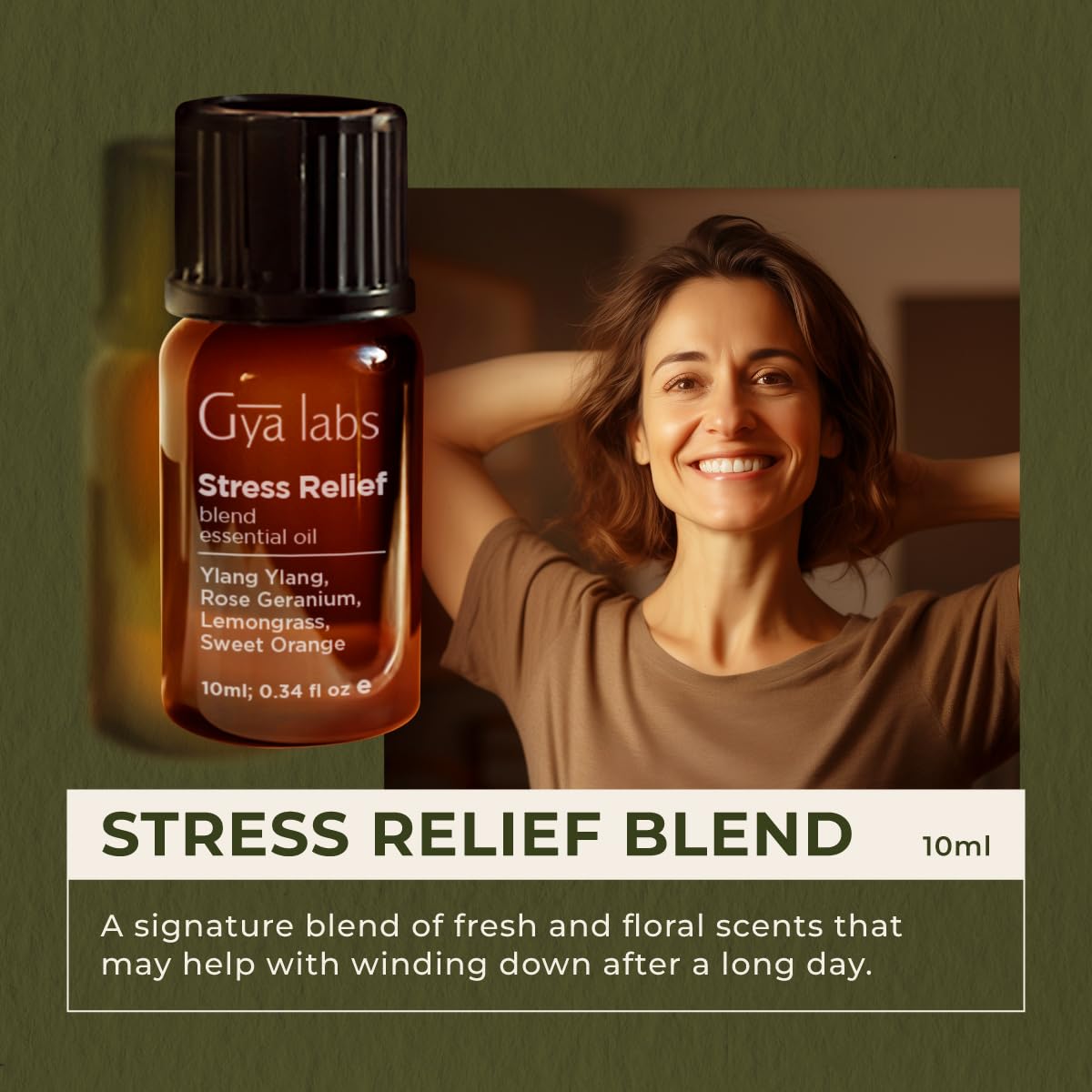 Close-up of Ylang Ylang, Rose Geranium, Sweet Orange, and Lemongrass oils