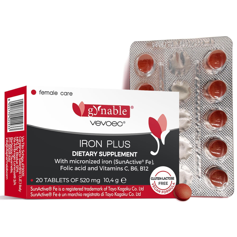 Gynable Iron Plus bottle with 18 mg slow-release iron tablets