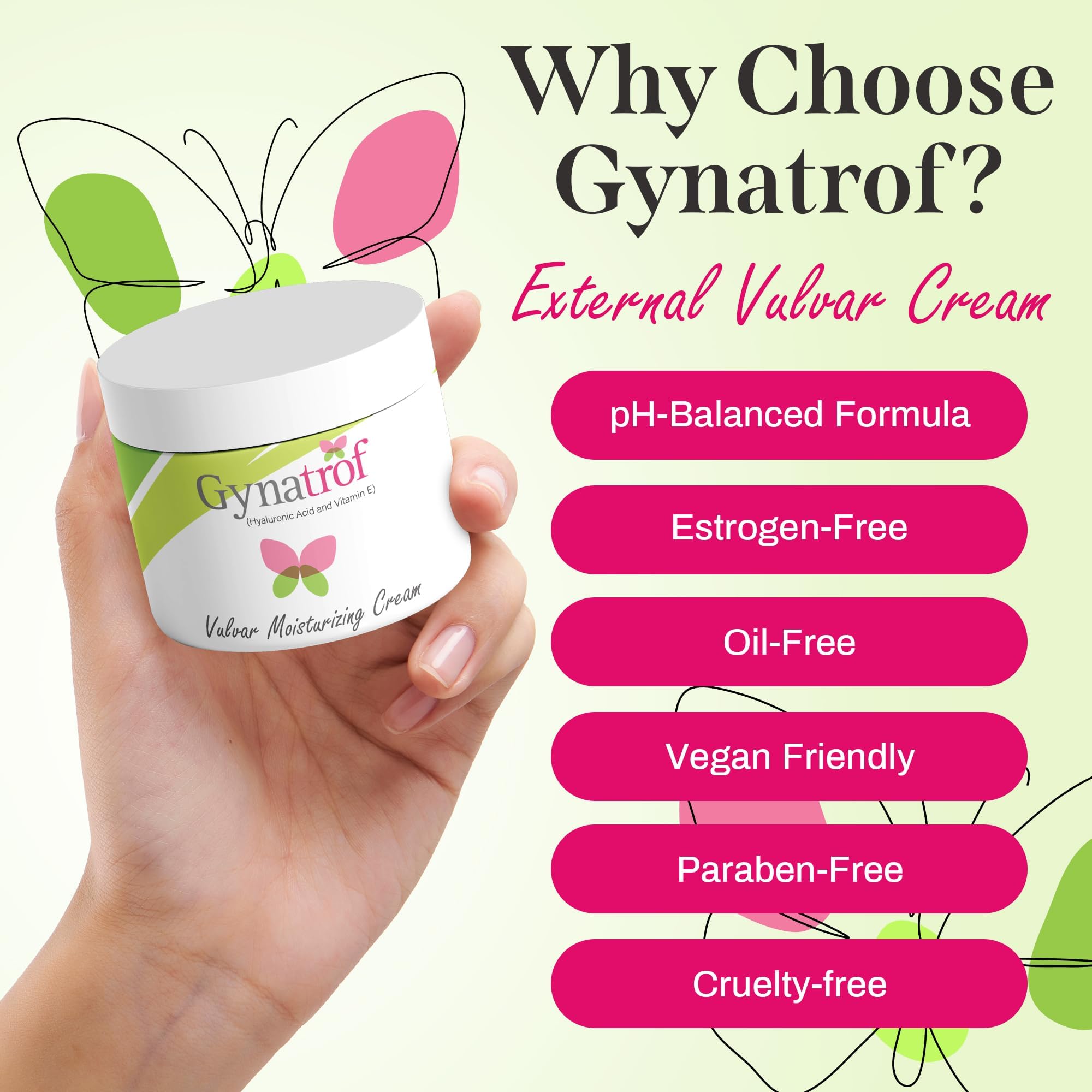 Gynatrof Vulva Moisture Cream application hands demonstrates quick, easy daily use.