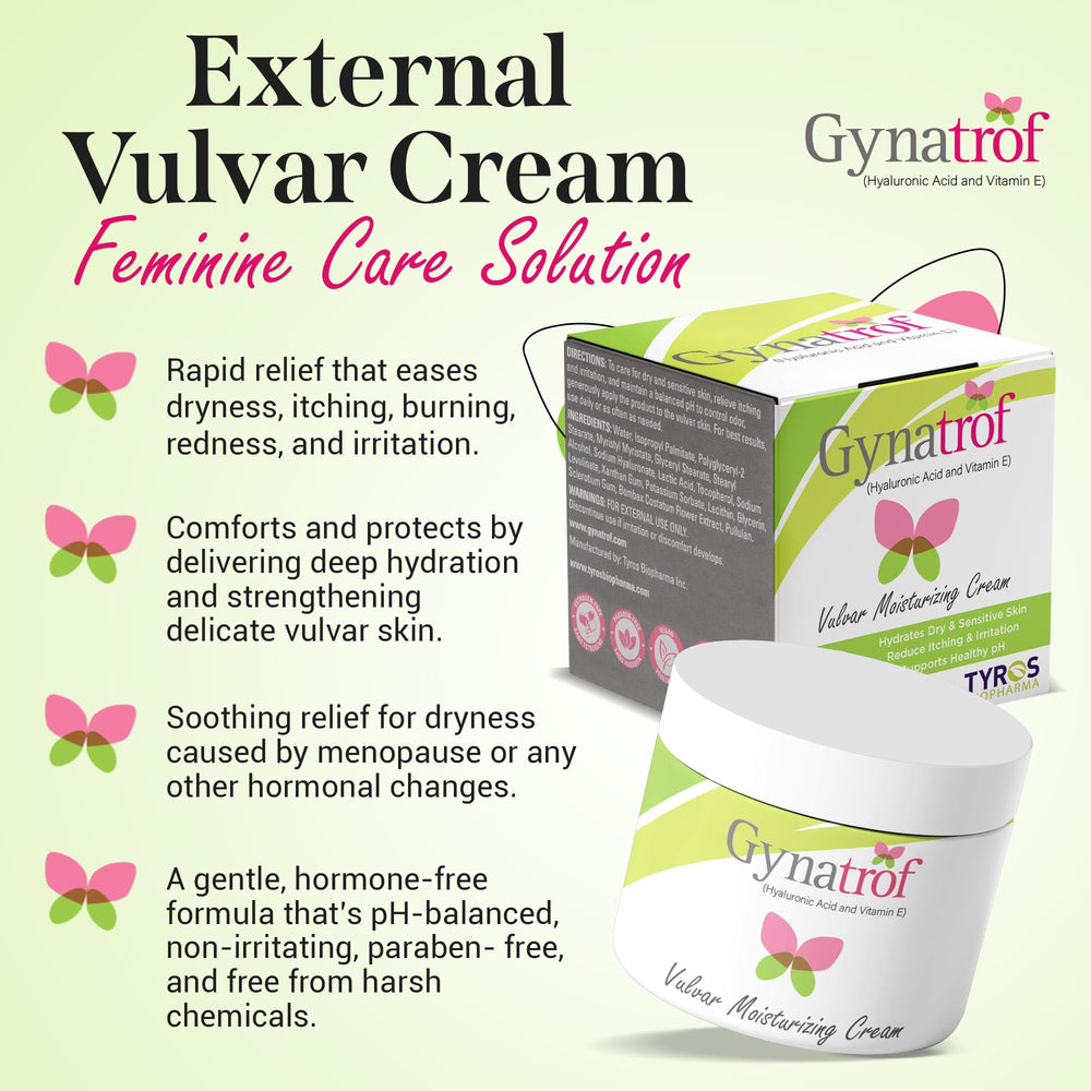 Gynatrof Vulva Moisture Cream packaging shot emphasizes travel-friendly 2 oz size.