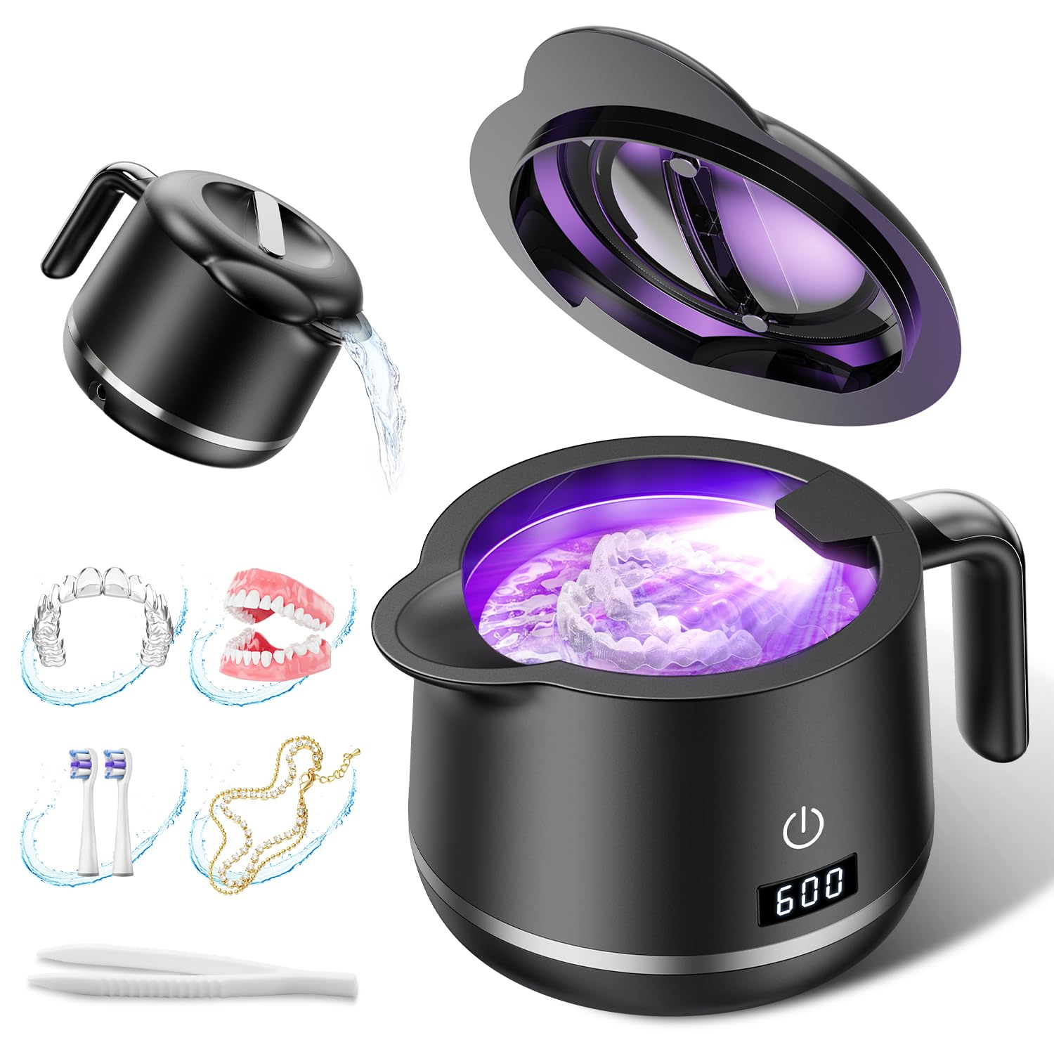 Front view of GYNHD Ultrasonic Retainer Cleaner with water bottle design