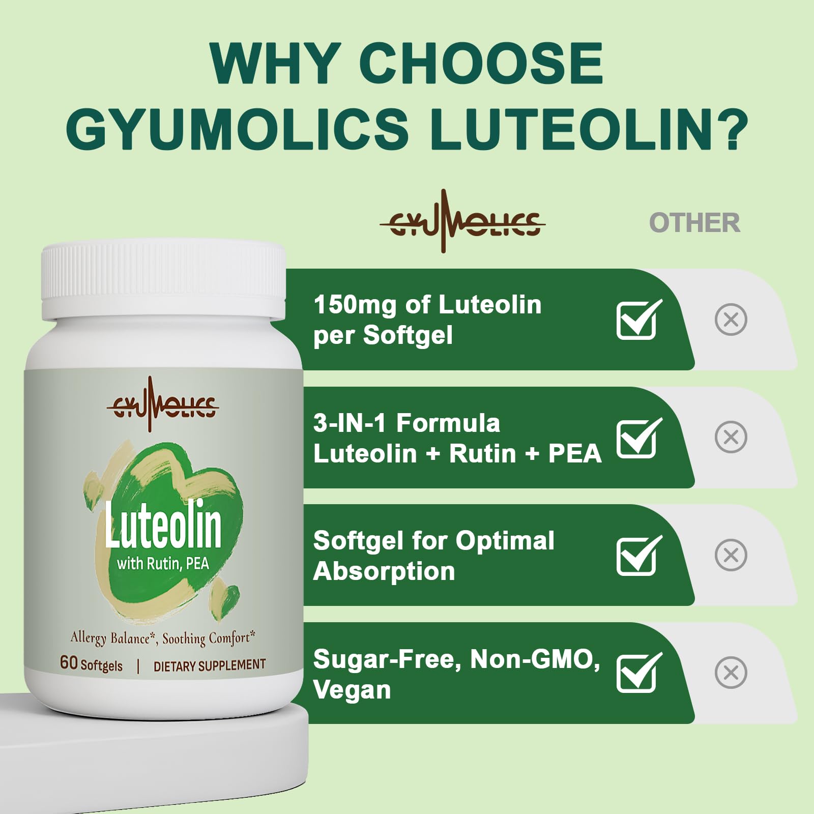 Vegan and gluten-free label on Gyumolics Luteolin packaging