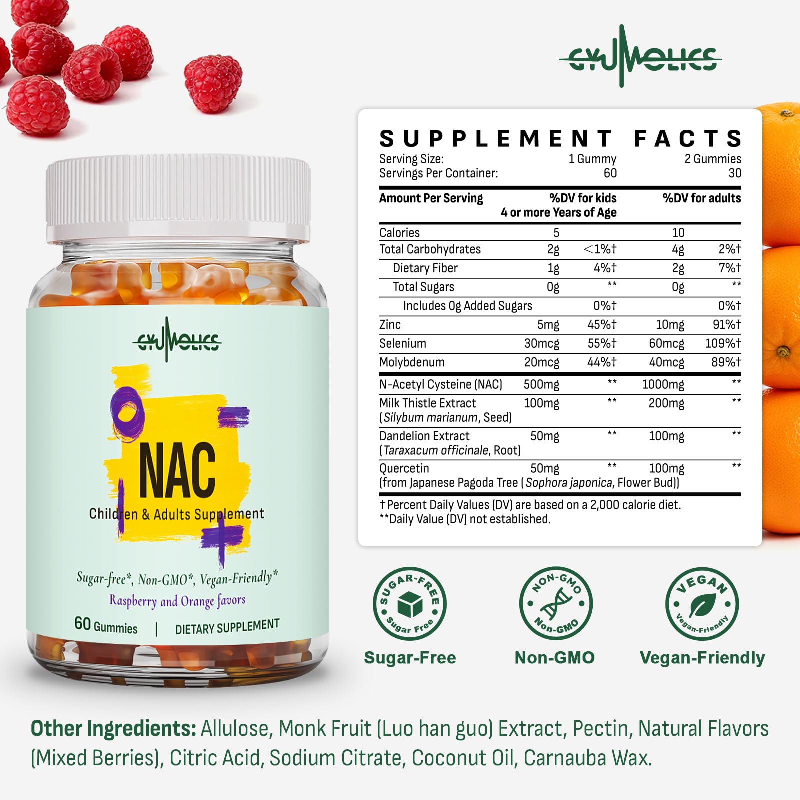 Adult dosage: Gyumolics NAC 1000mg per day (60-day supply)
