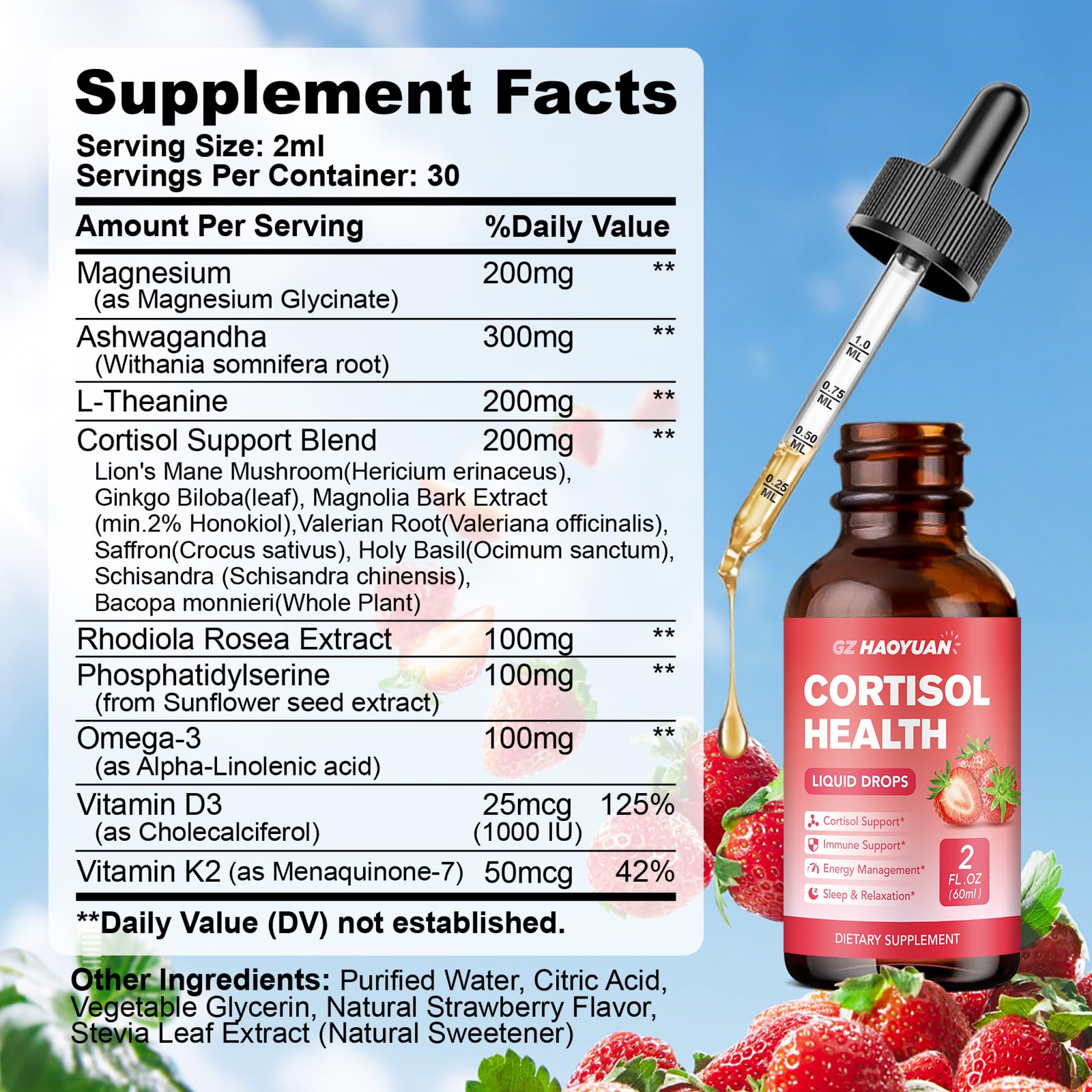 GZ HAOYUAN Cortisol Drops Strawberry bottle back label