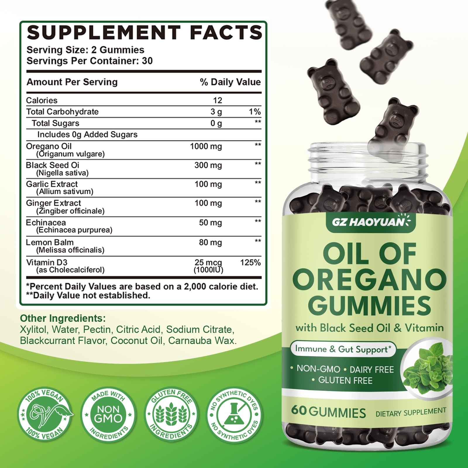 GZ HAOYUAN oregano gummies with black seed oil ingredients panel