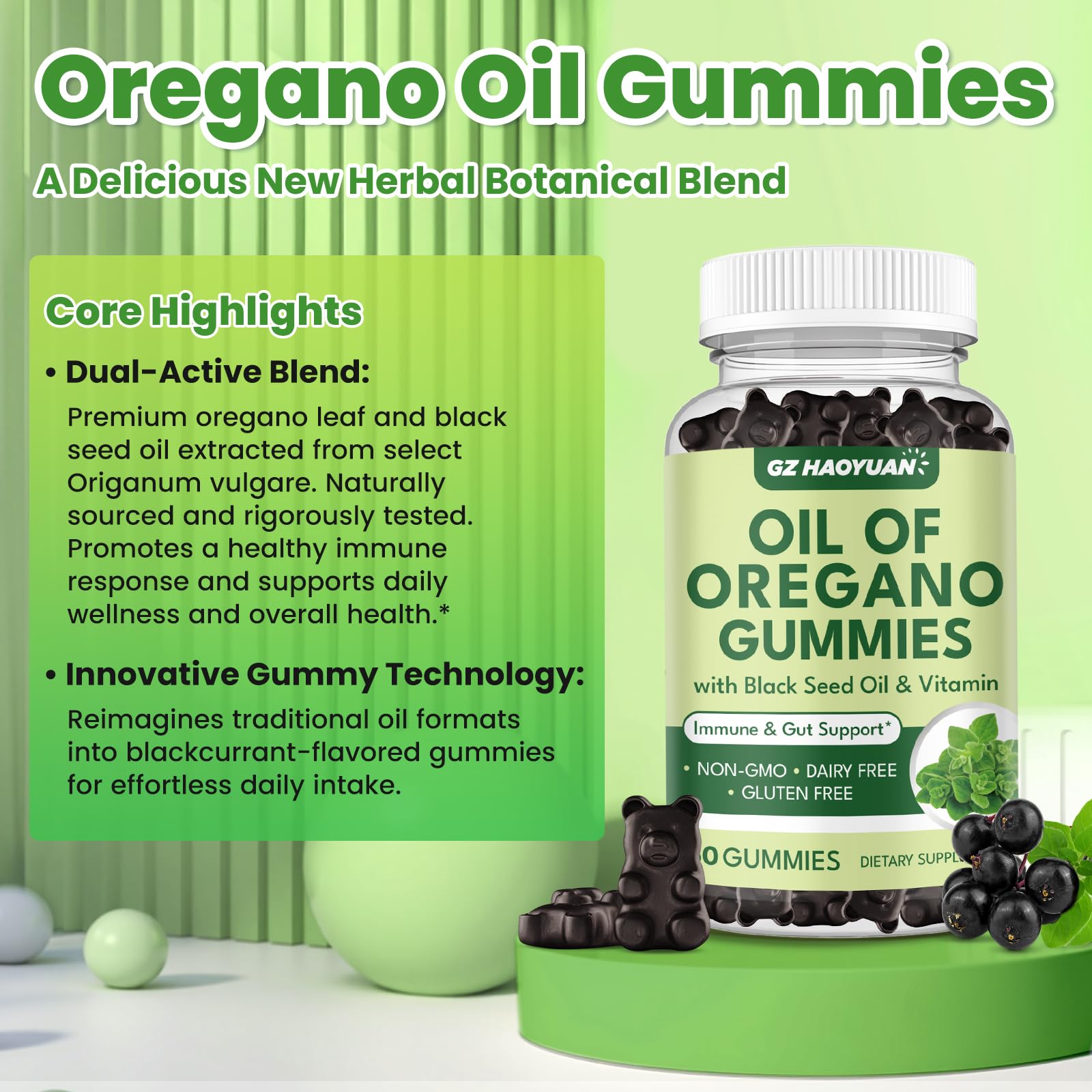 Ingredients panel showing combined oregano and black seed oil