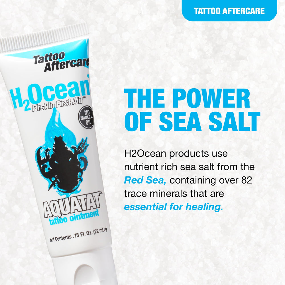 H2Ocean Aquatat breathable barrier for tattoo care and comfort.