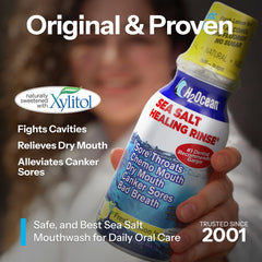 Front label of H2Ocean Healing Rinse showing fluoride-free and alcohol-free formula