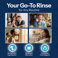 Teeth with a refreshed look beside the Healing Rinse bottle
