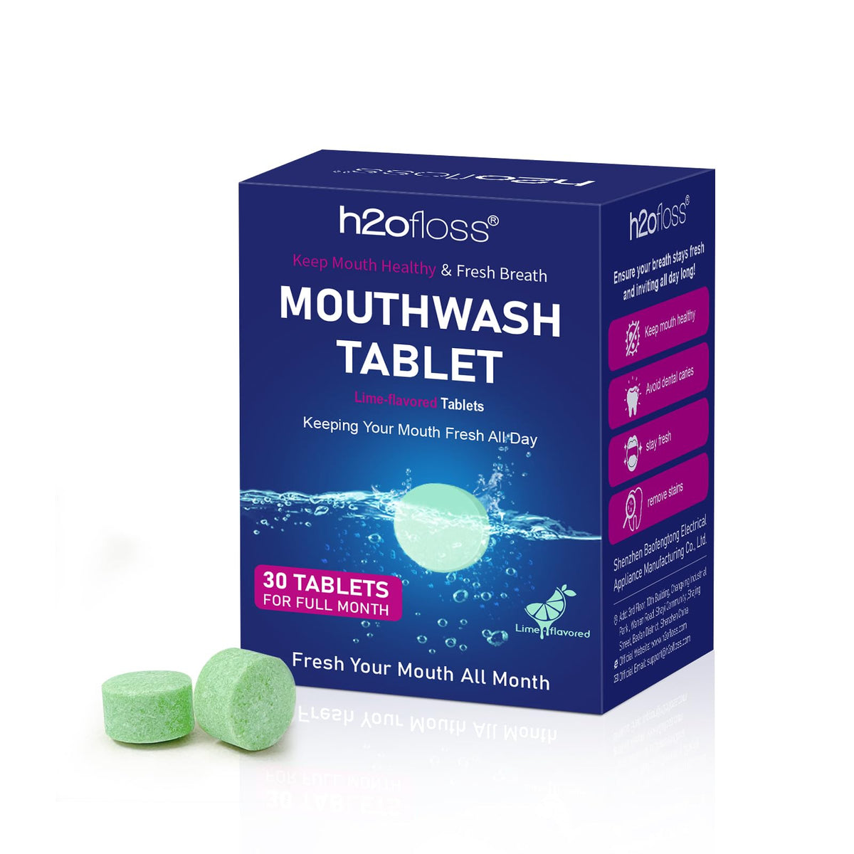 H2ofloss Lime-Flavored Mouthwash Tablets front label