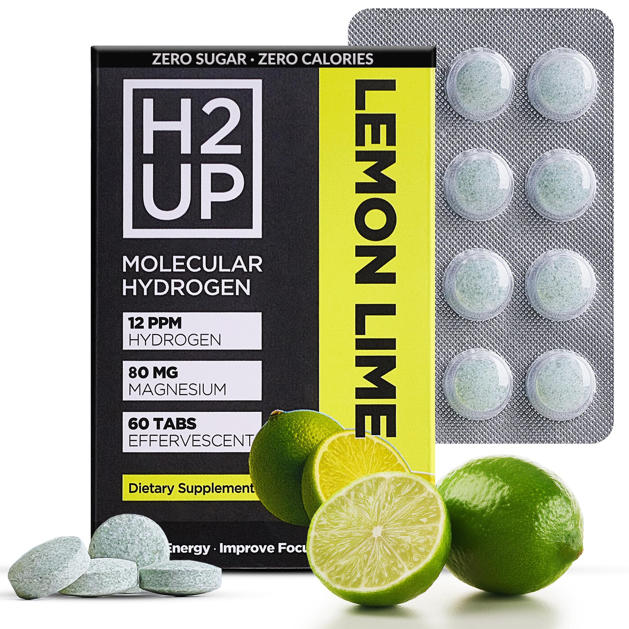 H2UP hydrogen tablets packaging showing 60-count bottle with magnesium