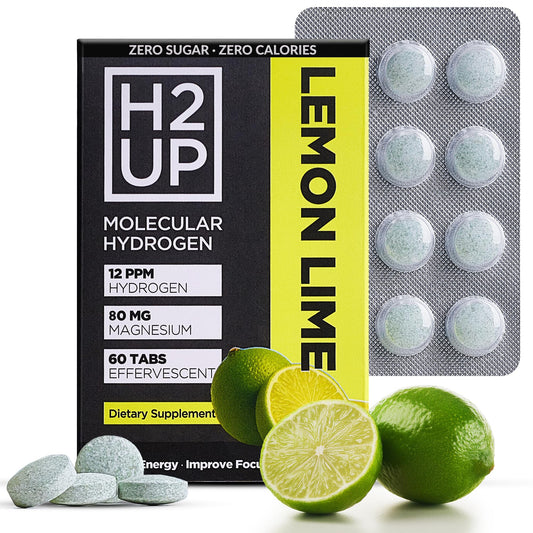 H2UP hydrogen tablets packaging showing 60-count bottle with magnesium
